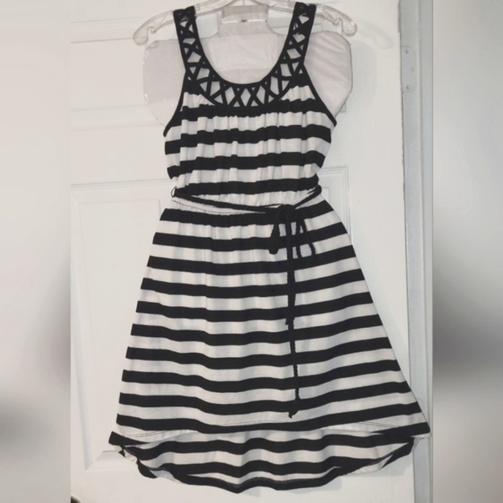 No boundaries Black and white striped dress with braided string belt , size M